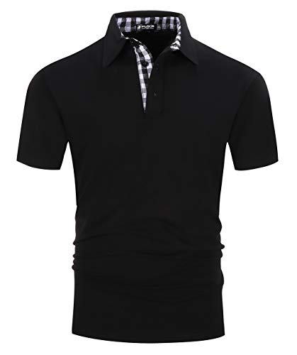 Kuson Herren Poloshirt Kurzarm Sommer T-Shirt Men's Polo Shirt Baumwolle mit Kariert Polokragen Schwarz XXL von Kuson