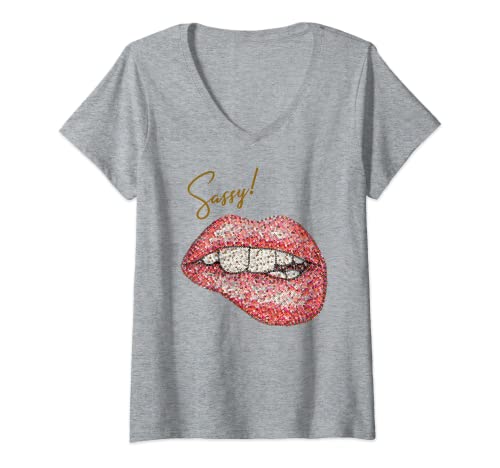 Damen Freche Frauen Kussmund T-Shirt mit V-Ausschnitt Damen Freche Frauen Kussmund T-Shirt mit V-Ausschnitt von Kuss Lippen Shirt für Frauen
