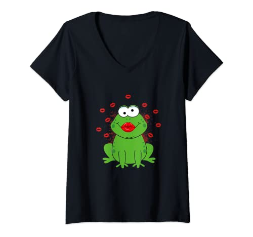 Damen Süßer Froschkönig zum Küssen Roter Lippenstift Küsse Frosch T-Shirt mit V-Ausschnitt Damen Süßer Froschkönig zum Küssen Roter Lippenstift Küsse Frosch T-Shirt mit V-Ausschnitt von Kussmund Lippen Bussi Knutschen Romantiker Kostüm