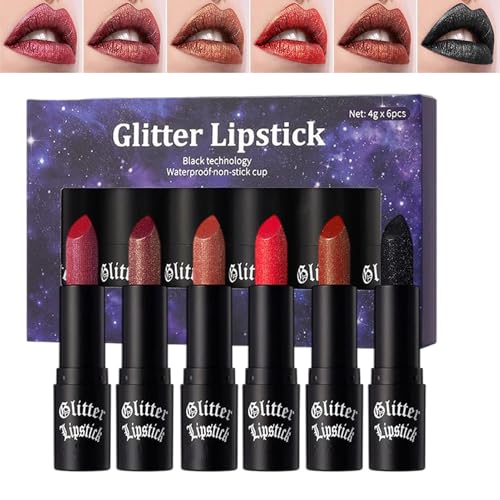 Kustimantu Glitzer Lippenstift, Nicht Klebender Cup Glanz, 6er Set Damen Glitzer Lipgloss Für Alltag Party Reise Halloween Make Up von Kustimantu