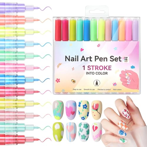 Kustimantu Nagellackstifte, Nagelstift -Set, Feine Tipps schnell trocknen schmudge-vorsichtigen Nagel Graffiti Malerei Pen, 12x wasserdichte polnische Sticks Flüssigkeit für Mädchen von Kustimantu