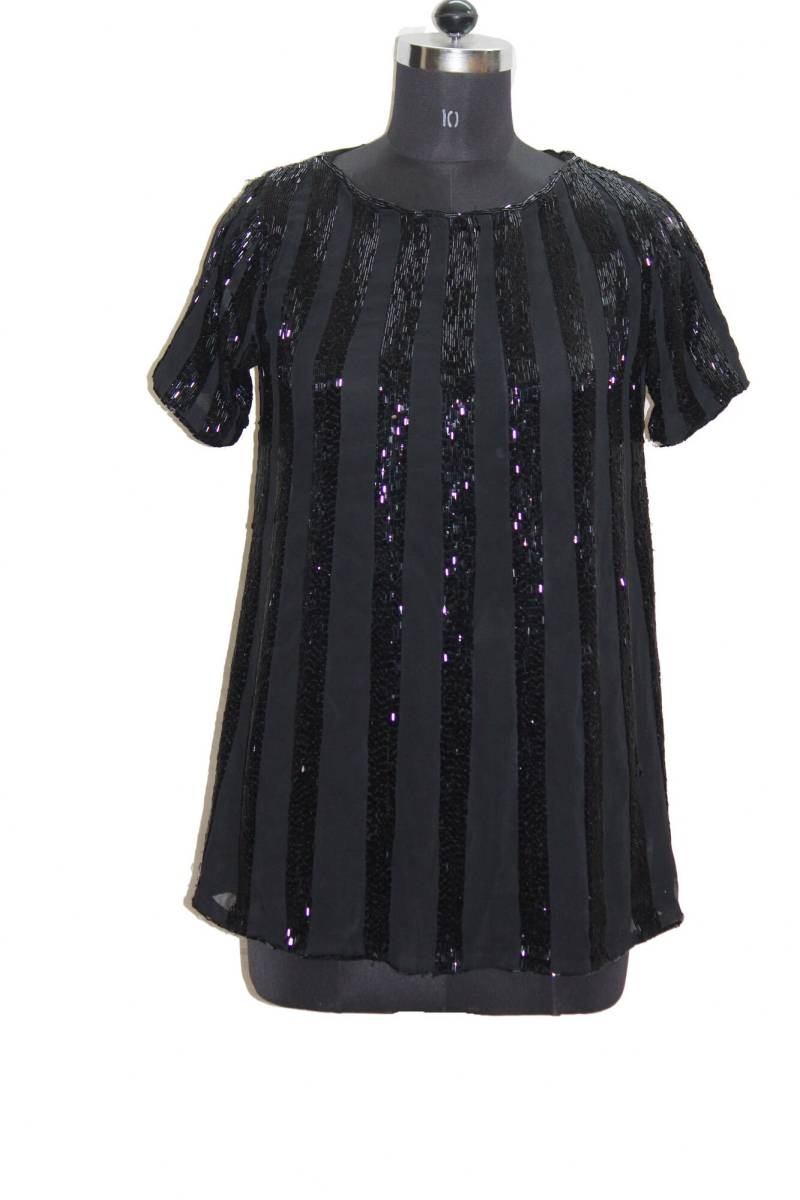 Vintage 80S Very Beautiful Gina Bacconi Black Flower Silk Sequin Beaded Occasion Party Evening Cocktail Heavy Top Blouse von KutchHandikraft