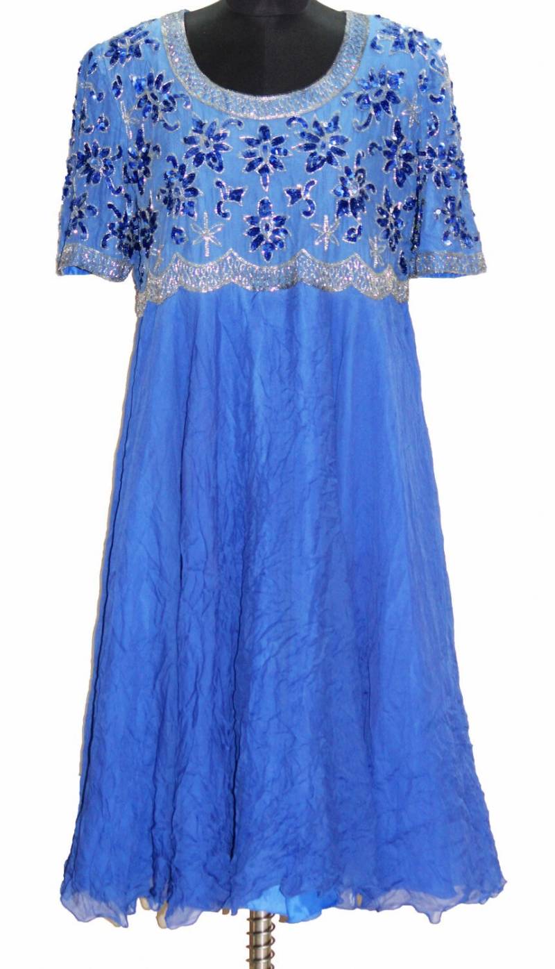 Vintage Very Heavy Beaded Art Deco Aqua Blue Silver Dress Silk Cocktail Party Sequin Aj Bari Beautiful Gown L/Large von KutchHandikraft