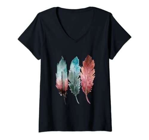 Damen FEDERN DREI AQUARELLFEDERN T-Shirt mit V-Ausschnitt Damen FEDERN DREI AQUARELLFEDERN T-Shirt mit V-Ausschnitt von KutieKoot Ts