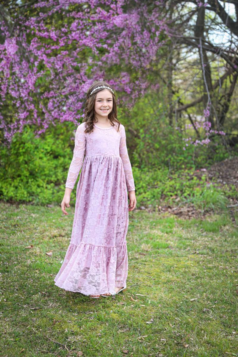 Bereit Zum Schiff-Blush Rüschen Langarm Burgund Spitze Sweetheart Kleid - Blumenmädchen, Hochzeit, Mädchen, Kleinkind, Rustikales Kleid, Herbst von KutieTuties