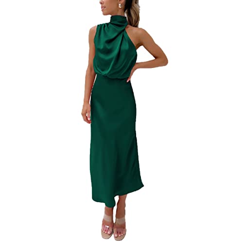 Kuukaas Abendkleid Damen Satin Cocktailkleid Damen Lang Satin Kleid Damen Elegant Festliche Kleider Ärmellos Für Damen Sommerkleid Damen Elegant Dunkelgrün XL von Kuukaas