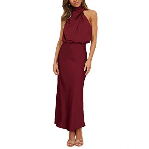 Kuukaas Abendkleid Damen Satin Cocktailkleid Damen Lang Satin Kleid Damen Elegant Festliche Kleider Ärmellos Für Damen Sommerkleid Damen Elegant Weinrot XL von Kuukaas