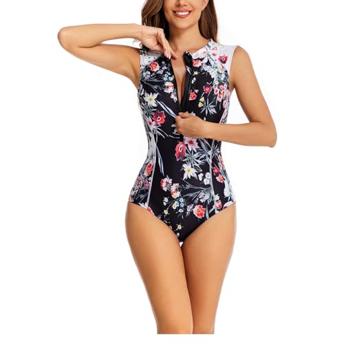 Kuukaas Badeanzug Damen Blumen Badeanzug mit Reissverschluss Damen Badeanzug Damen Bauchweg Bademode Damen Push Up Schwimmanzug Damen Einteiler L von Kuukaas