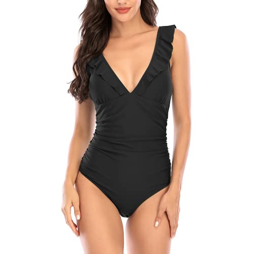 Kuukaas Badeanzug Damen Schwarz Badeanzug Damen Bauchweg Badeanzug Damen Push Up Bademode Swimsuit Damen V Ausschnitt Urlaubskleidung für Damen M von Kuukaas