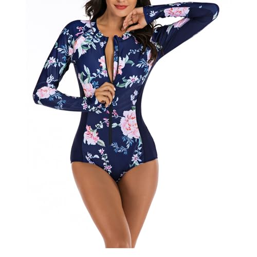 Kuukaas Badeanzug mit Reissverschluss Vorne Damen Badeanzug Einteiliger Damen Langarm Bademode Schwimmanzug mit Push Up BH Rash Guard Damen Langarm M von Kuukaas