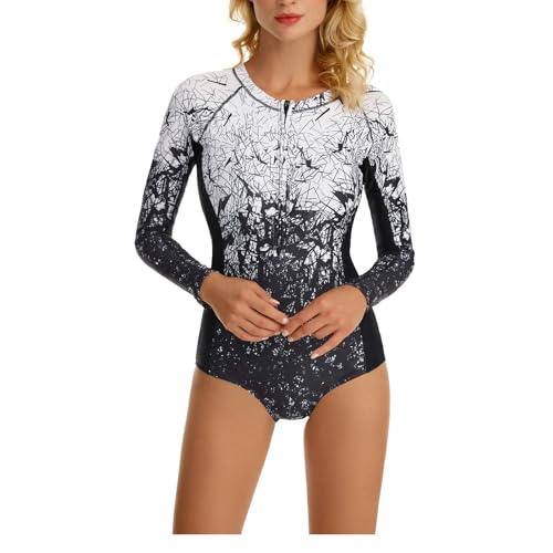 Kuukaas Badeanzug mit Reissverschluss Vorne Damen Badeanzug Einteiliger Damen Langarm Bademode Schwimmanzug mit Push Up BH Rash Guard Damen Langarm XL von Kuukaas