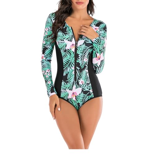 Kuukaas Badeanzug mit Reissverschluss Vorne Damen Badeanzug Einteiliger Damen Langarm Bademode Schwimmanzug mit Push Up BH Rash Guard Damen Langarm XL von Kuukaas