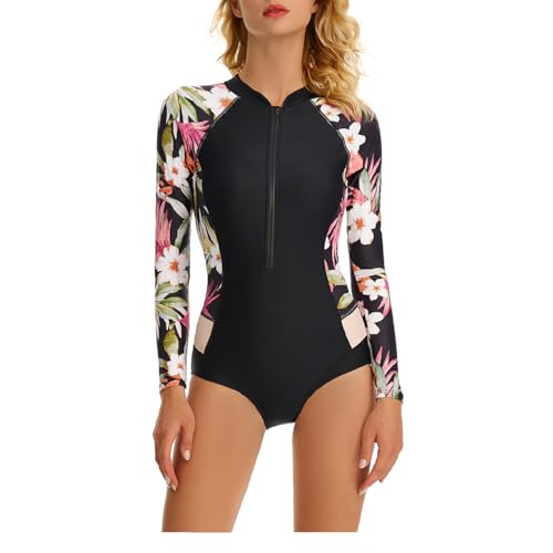 Kuukaas Badeanzug mit Reissverschluss Vorne Damen Badeanzug Einteiliger Damen Langarm Bademode Schwimmanzug mit Push Up BH Rash Guard Damen Langarm XXL von Kuukaas