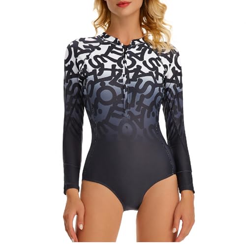 Kuukaas Badeanzug mit Reissverschluss Vorne Damen Badeanzug Einteiliger Damen Langarm Bademode Schwimmanzug mit Push Up BH Rash Guard Damen Langarm XXL von Kuukaas