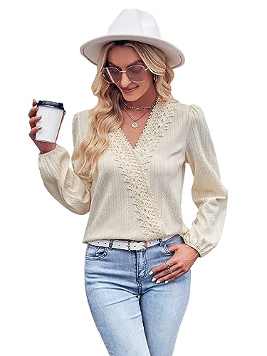 Kuukaas Beige Bluse Damen Elegant Oberteil Damen Büro Langarm Business Outfit Damen Tunika V Ausschnitt Spitze Damen Elegant M von Kuukaas