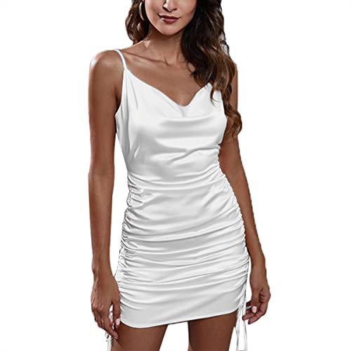 Kuukaas Bodycon Kleid Damen Sexy Gerafftes Minikleid Damen Spaghettiträger Kleid Damen Kurz Enges Kleid Damen Sexy Weiß Partykleid Damen Clubwear S von Kuukaas