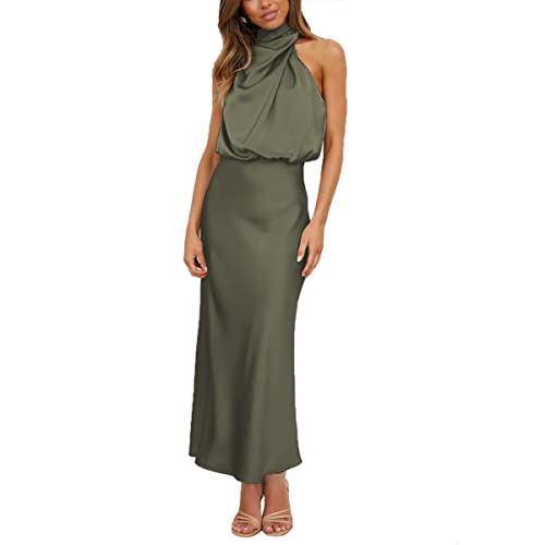 Kuukaas Cocktailkleid Damen Lang Satin Kleid Damen Elegant Festliche Kleider Ärmellos für Damen Abendkleid Damen Satin Sommerkleid Damen Elegant Armee grün S von Kuukaas