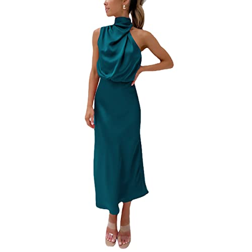 Kuukaas Cocktailkleid Damen Lang Satin Kleid Damen Elegant Festliche Kleider Ärmellos für Damen Abendkleid Damen Satin Sommerkleid Damen Elegant Blau S von Kuukaas