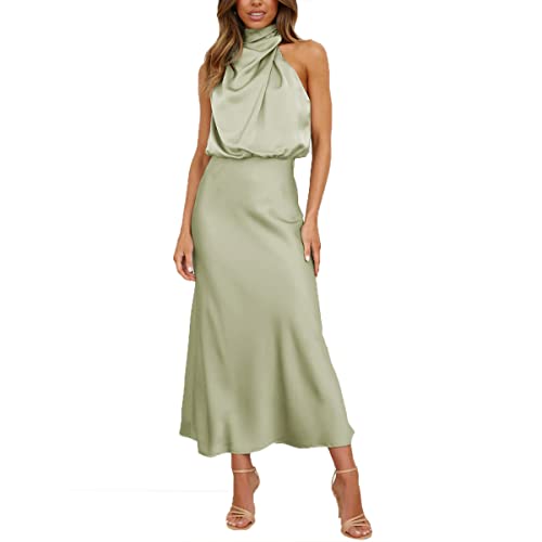 Kuukaas Cocktailkleid Damen Lang Satin Kleid Damen Elegant Festliche Kleider Ärmellos für Damen Abendkleid Damen Satin Sommerkleid Damen Elegant Hellgrün S von Kuukaas