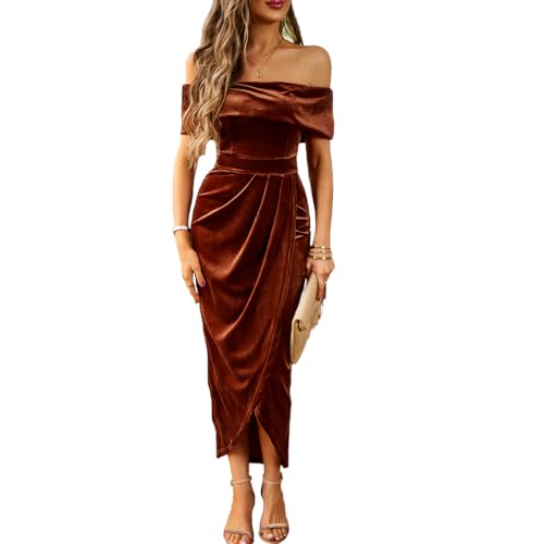 Kuukaas Cocktailkleid Damen Samt Winterkleid Damen Elegant Samtkleid Damen Lang Weihnachtskleid Braun Abendkleid samt Bodycon Kleid Damen Festlich XL von Kuukaas