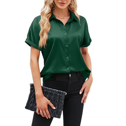 Kuukaas Dunkelgrün Bluse Damen Kurzarm Satin Bluse Damen Sommer Elegant Oberteil Damen Einfarbig Sommerbluse Damen Locker Top Damen Elegant S von Kuukaas