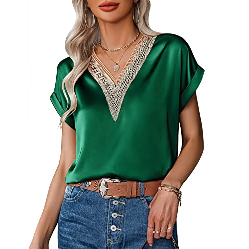 Kuukaas Dunkelgrün Bluse Damen Kurzarm Satin Bluse Damen Sommer Elegant Oberteil Damen Einfarbig Top Damen Elegant Spitze Sommerbluse Damen Locker S von Kuukaas