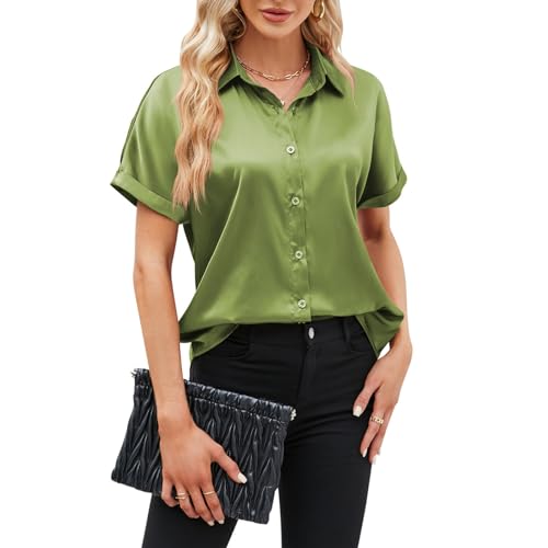 Kuukaas Grün Bluse Damen Kurzarm Satin Bluse Damen Sommer Elegant Oberteil Damen Einfarbig Sommerbluse Damen Locker Top Damen Elegant XXL von Kuukaas