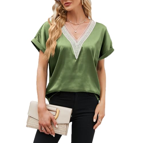 Kuukaas Grün Bluse Damen Kurzarm Satin Bluse Damen Sommer Elegant Oberteil Damen Einfarbig Top Damen Elegant Spitze Sommerbluse Damen Locker XXL von Kuukaas