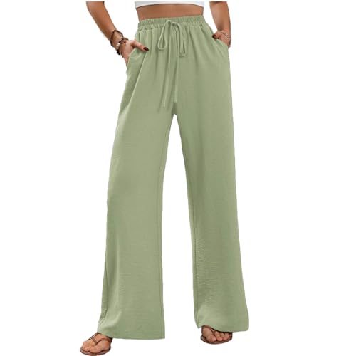 Kuukaas Hosen Damen Sommer Locker Palazzo Hose Damen High Waist Strandhose Damen Sommer Weite Hose Damen Erbsengrün Freizeithose mit Taschen L von Kuukaas
