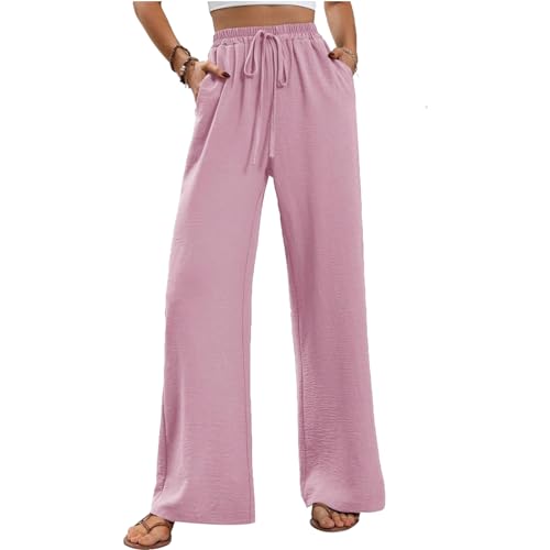 Kuukaas Hosen Damen Sommer Locker Palazzo Hose Damen High Waist Strandhose Damen Sommer Weite Hose Damen Rosa Freizeithose mit Taschen L von Kuukaas