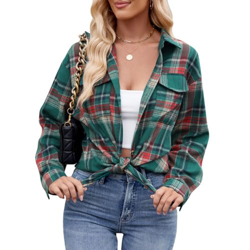 Kuukaas Kariertes Hemd Damen Grün Oktoberfest Damen Outfit Langarmshirt Damen Kariert Karohemd Damen Cowboy Lockeres Hemd Oversize Karierte Oberteile Damen L von Kuukaas