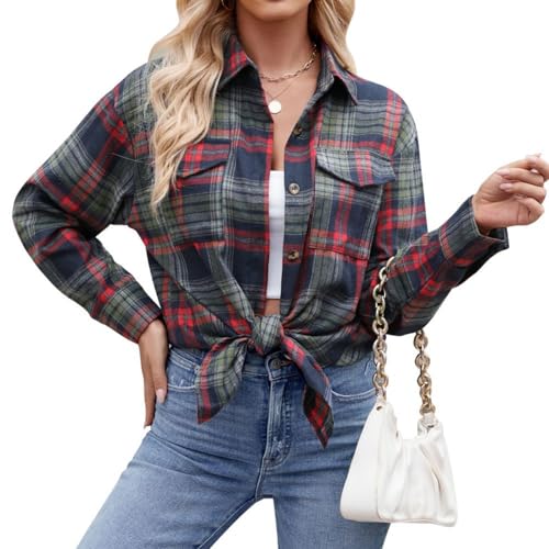 Kuukaas Kariertes Hemd Damen Navy blau Oktoberfest Damen Outfit Langarmshirt Damen Kariert Karohemd Damen Cowboy Lockeres Hemd Oversize Karierte Oberteile Damen L von Kuukaas