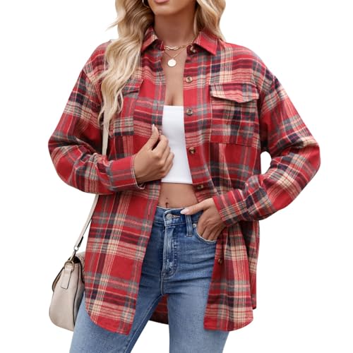 Kuukaas Kariertes Hemd Damen Rot Oktoberfest Damen Outfit Langarmshirt Damen Kariert Karohemd Damen Cowboy Lockeres Hemd Oversize Karierte Oberteile Damen L von Kuukaas