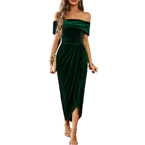 Kuukaas Kleid Winter Damen Elegant Weihnachtskleid Grün Samtkleid Lang Festlich Schulterfreies Enges Abendkleid Cocktailkleid M von Kuukaas