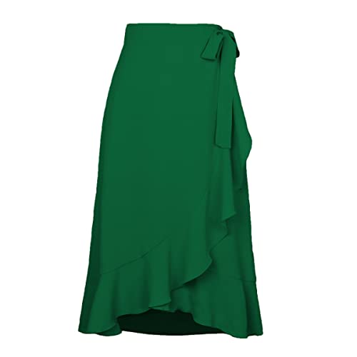 Kuukaas Langer Rock Damen Sommer Wickelrock Boho Damen Midirock Ruffle Damen Sommerrock Damen Lang Asymmetrische Dunkelgrün XL von Kuukaas