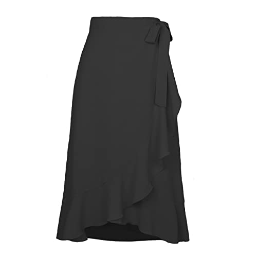 Kuukaas Langer Rock Damen Sommer Wickelrock Boho Damen Midirock Ruffle Damen Sommerrock Damen Lang Asymmetrische Schwarz XL von Kuukaas