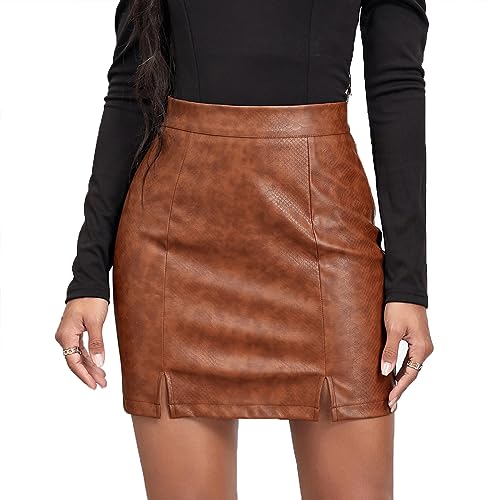 Kuukaas Lederrock Damen Sexy Bleistift Lederrock Damen Braun Mit Schlitz Minirock Damen Sexy Eng Und Kurz Winterrock Damen M von Kuukaas