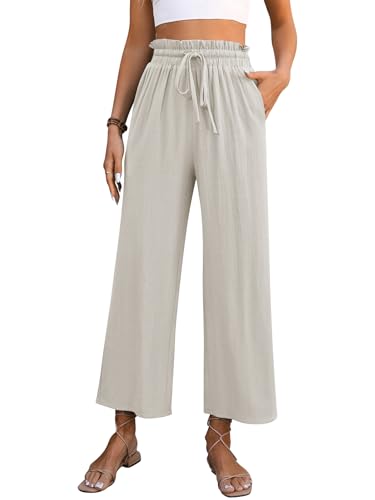 Kuukaas Leinenhose Damen Beige Hose Damen Sommer Leicht Strandhose Damen Viskose Sommerhosen Damen Lang Palazzo Hose Damen Leinen XL von Kuukaas