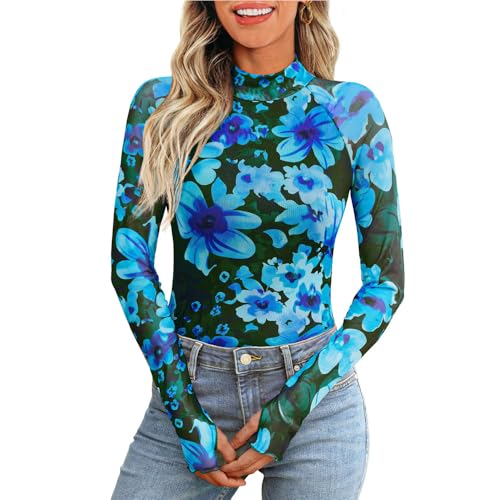 Kuukaas Mesh Oberteil Damen Floral Frühlings Outfit Langarmshirt Blumen Bluse Transparent Mesh Top Damen Blau L von Kuukaas
