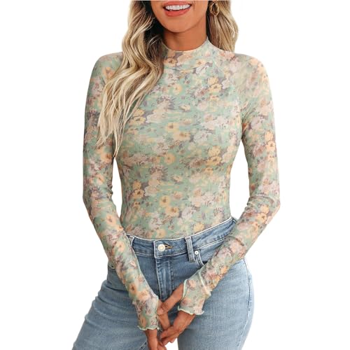 Kuukaas Mesh Oberteil Damen Floral Frühlings Outfit Langarmshirt Blumen Bluse Transparent Mesh Top Damen Hellgrün S von Kuukaas