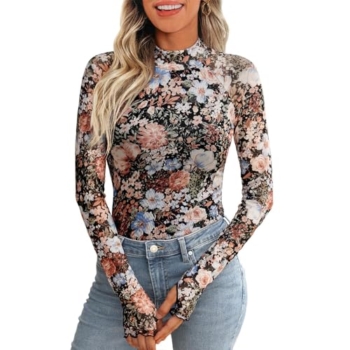Kuukaas Mesh Oberteil Damen Floral Frühlings Outfit Langarmshirt Blumen Bluse Transparent Mesh Top Damen Schwarz S von Kuukaas