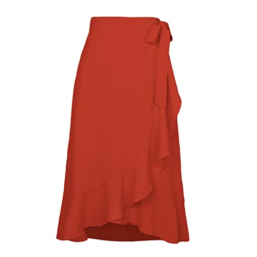 Kuukaas Midirock Damen Sommer Flowy Wickelrock Boho Ruffle Sommerrock Lang Asymmetrische für Strand Ziegelrot M von Kuukaas