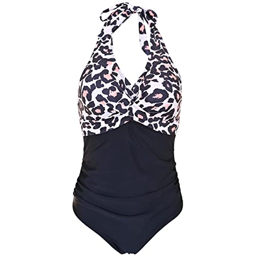 Kuukaas Neckholder Badeanzug Damen Badeanzug Damen Bauchweg Bademode Swimsuit Damen V Ausschnitt Badeanzug Damen Push Up Strandmode Damen Sommer Leopardenmuster XXL von Kuukaas