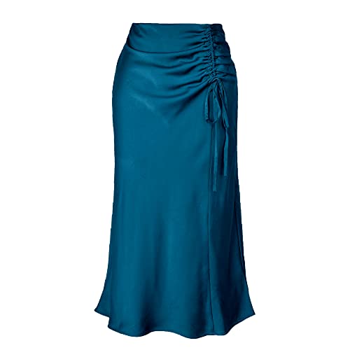 Kuukaas Rock Midi Damen Sommer Satin Rock Damen Elegant Midirock Damen Blau Sommerrock Damen Midi Elegant Rock Damen Sommer L von Kuukaas