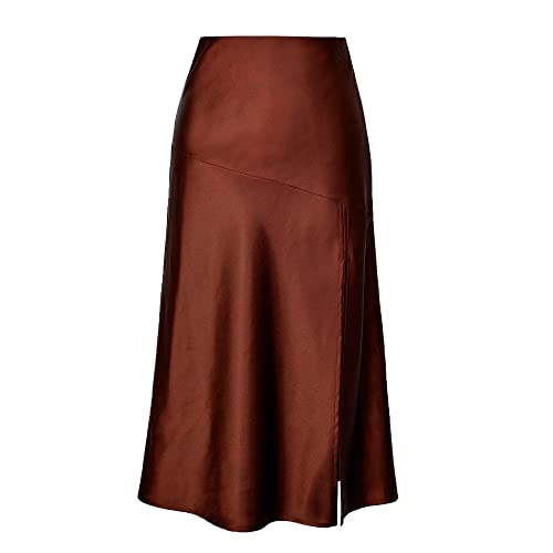 Kuukaas Rock Midi Damen Sommer Satin Rock Damen Elegant Midirock Damen Braun Sommerrock Damen Midi Elegant Rock Damen Sommer L von Kuukaas