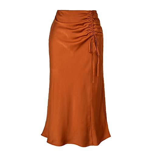 Kuukaas Rock Midi Damen Sommer Satin Rock Damen Elegant Midirock Damen Orange Sommerrock Damen Midi Elegant Rock Damen Sommer M von Kuukaas