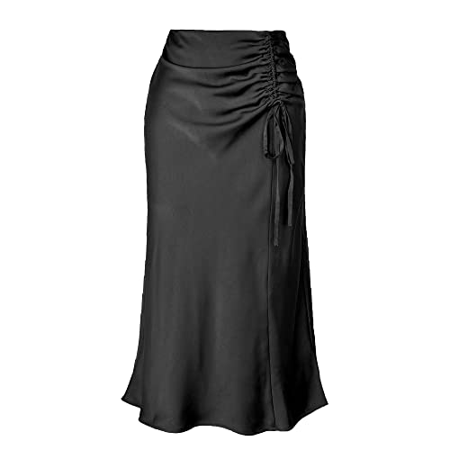 Kuukaas Rock Midi Damen Sommer Satin Rock Damen Elegant Midirock Damen Schwarz Sommerrock Damen Midi Elegant Rock Damen Sommer L von Kuukaas