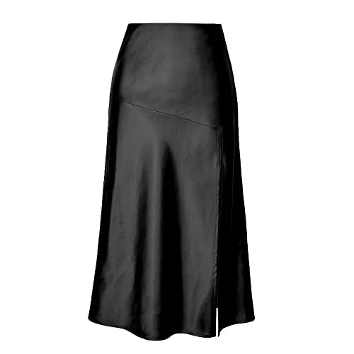 Kuukaas Rock Midi Damen Sommer Satin Rock Damen Elegant Midirock Damen Schwarz Sommerrock Damen Midi Elegant Rock Damen Sommer M von Kuukaas