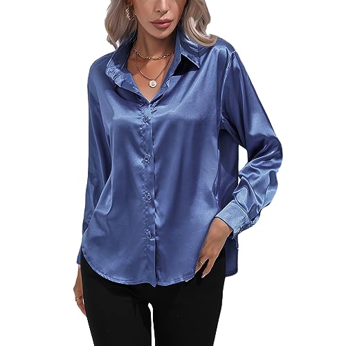 Kuukaas Satin Bluse Damen Elegant Blau Hemd Damen Langarm Business Oberteil Langarm Damen Einfarbig Büro Damen Outfits Langarmshirt Damen Elegant L von Kuukaas