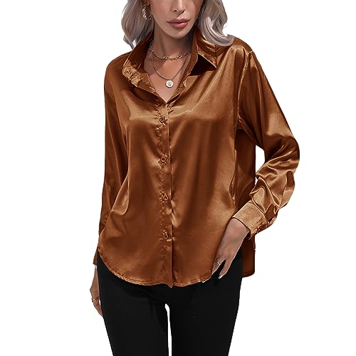 Kuukaas Satin Bluse Damen Elegant Braun Hemd Damen Langarm Business Oberteil Langarm Damen Einfarbig Büro Damen Outfits Langarmshirt Damen Elegant M von Kuukaas